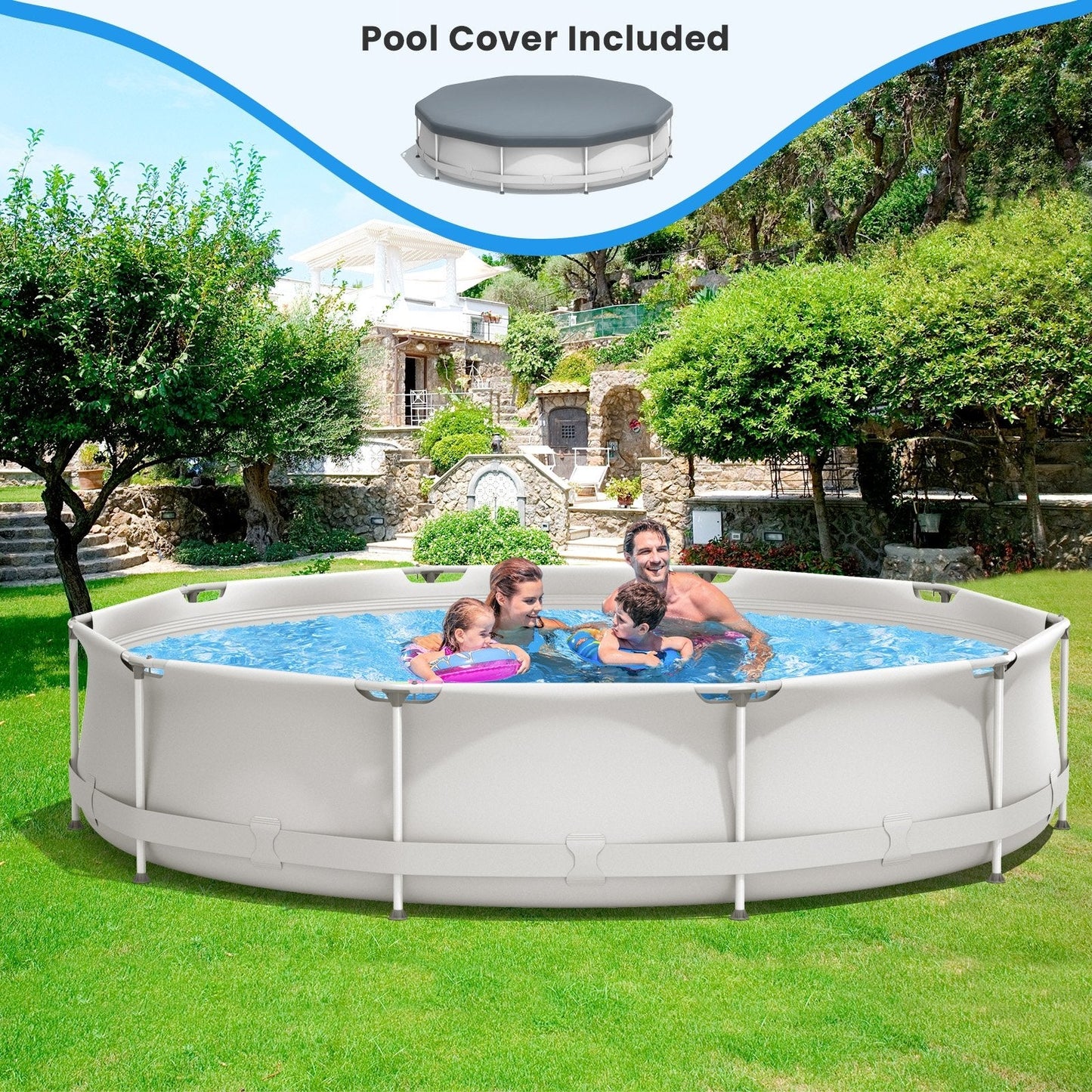 Round Above Ground Swimming Pool With Pool Cover-Blue