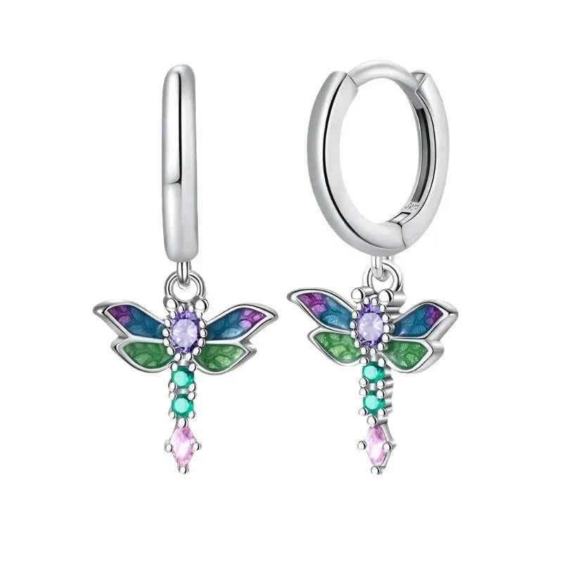 Vibrant Dragonfly Sterling Silver Hoop Earrings