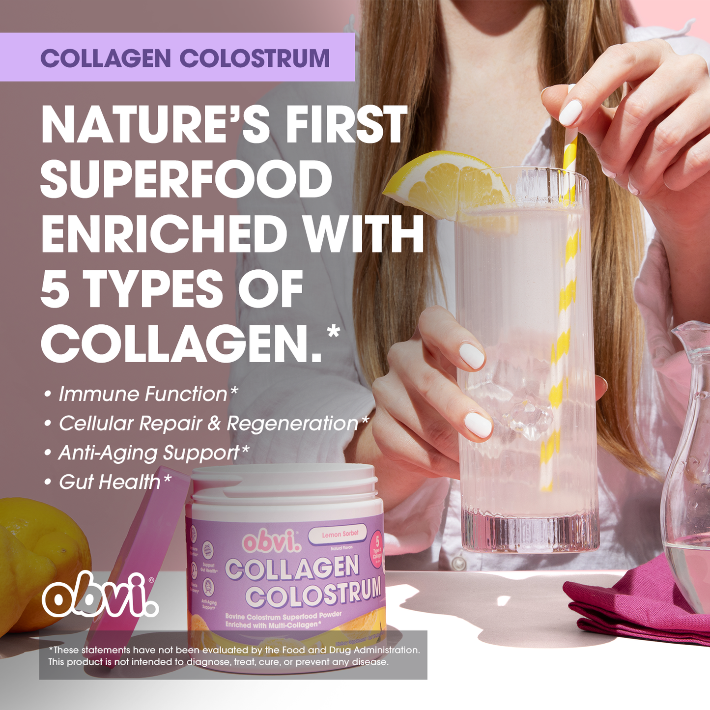 Obvi Collagen Colostrum Lemon Sorbet for Healthy Skin and Joints
