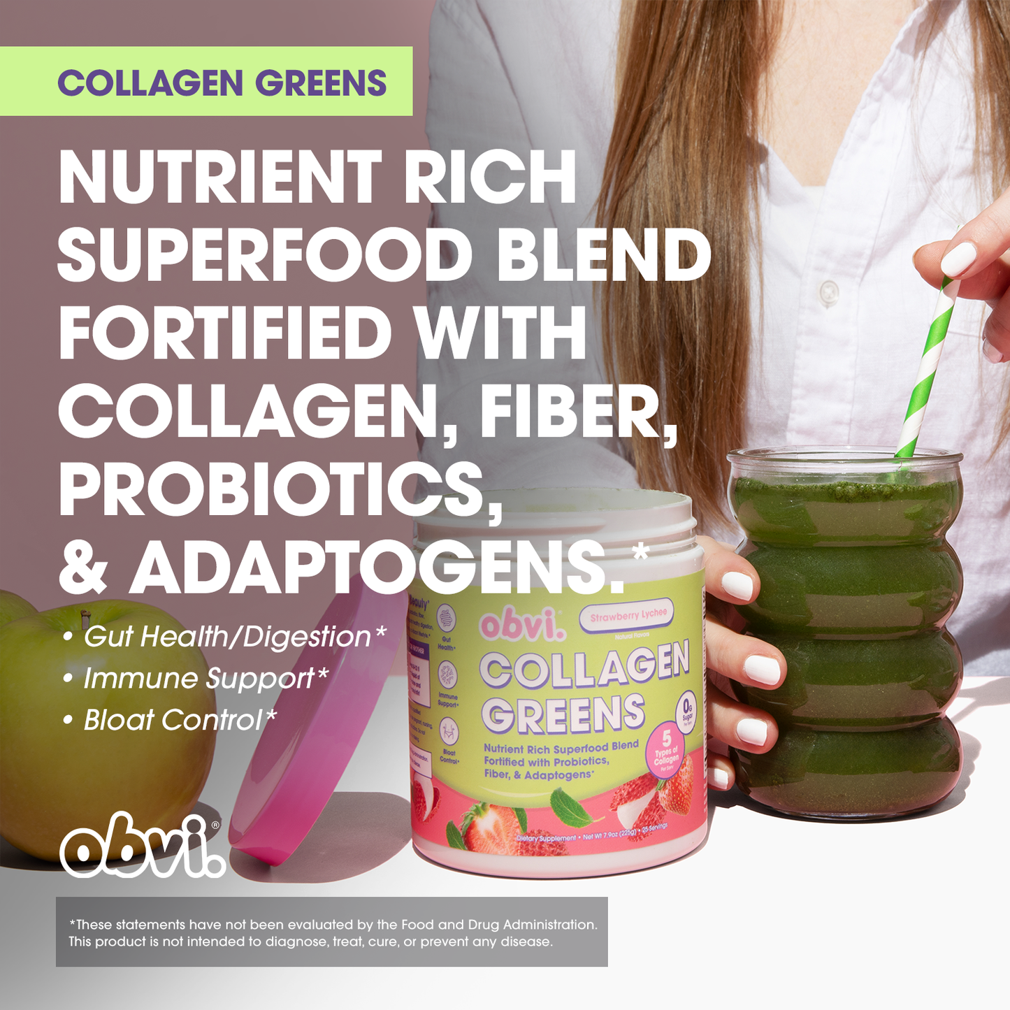 Obvi Collagen Greens Strawberry Lychee - Nutrient-Rich Superfood Drink for Healthy Skin & Hair