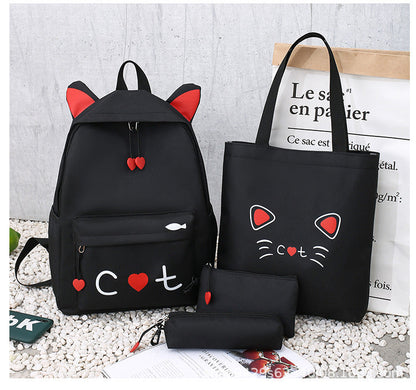 Cat Print 4-Piece Canvas School Backpack Set – Girls' Back-to-School Bag (Yellow, Grey, Black, Pink)