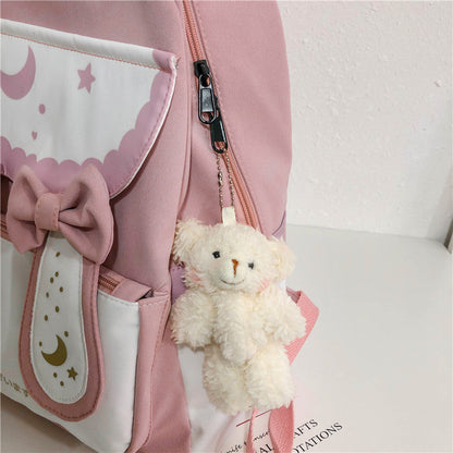Kawaii Nylon School Backpack for Girls – Moon & Star Print, Bow Detail