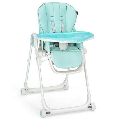 Baby High Chair Foldable Feeding Chair with 4 Lockable Wheels-Black