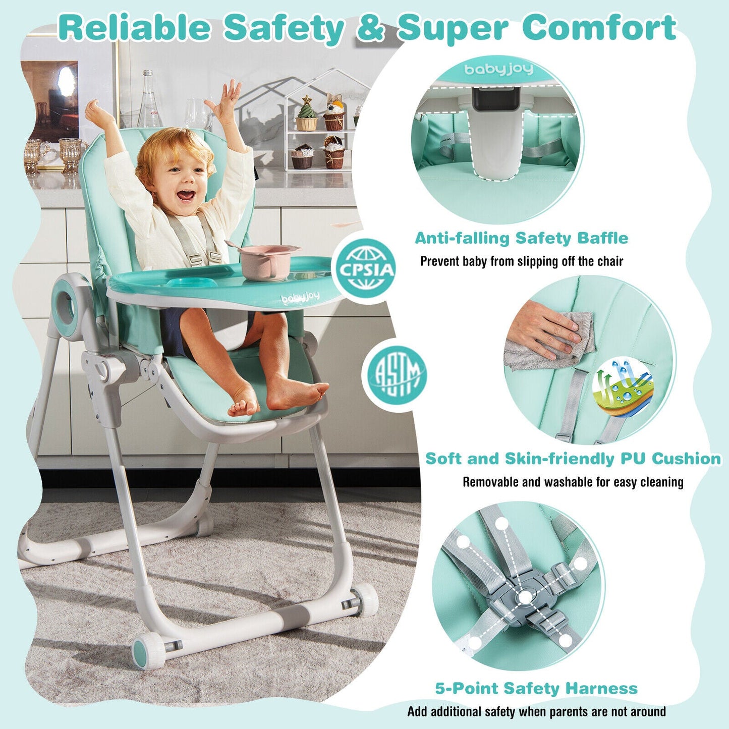 Baby High Chair Foldable Feeding Chair with 4 Lockable Wheels-Black