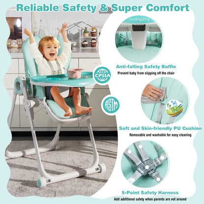 Baby High Chair Foldable Feeding Chair with 4 Lockable Wheels-Black