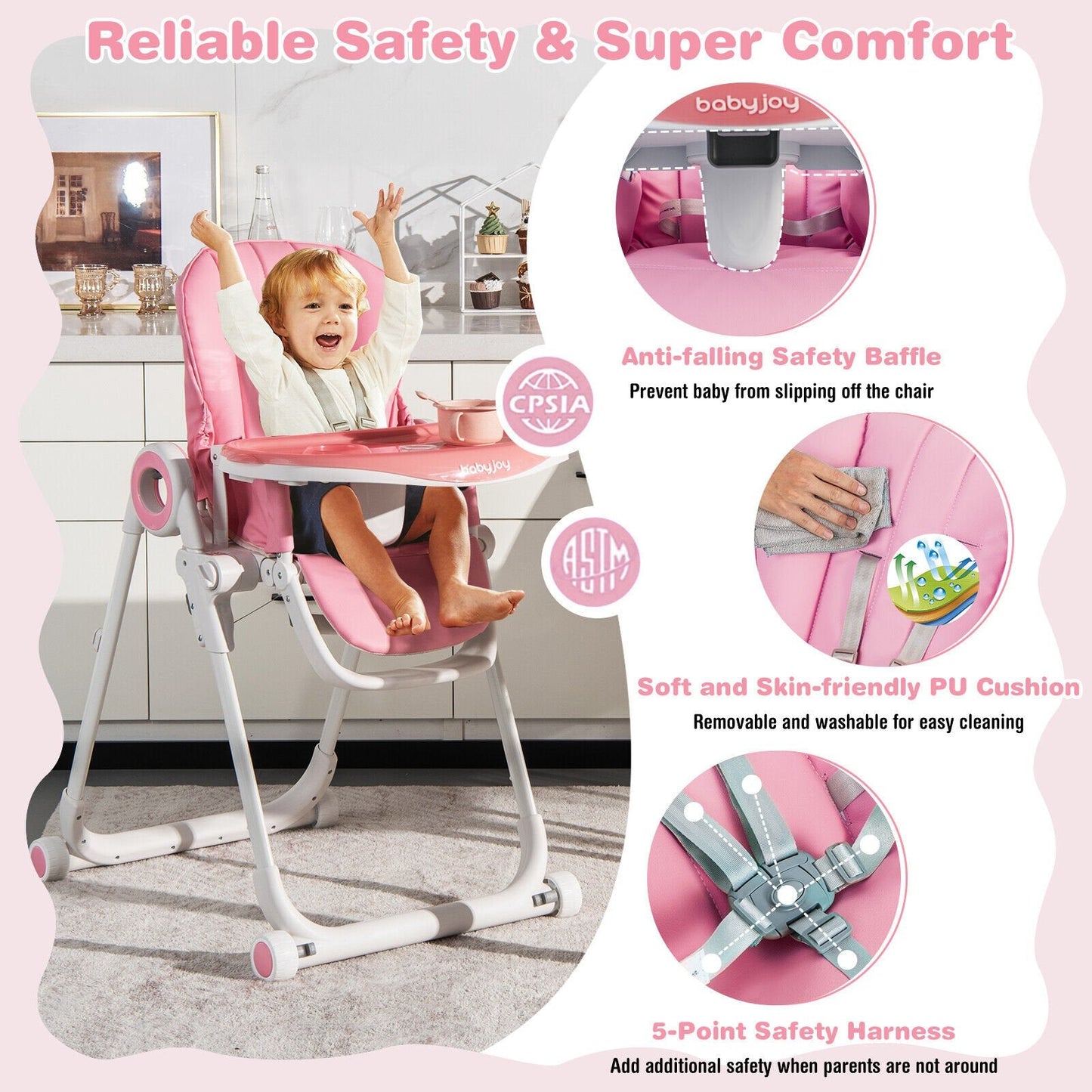 Baby High Chair Foldable Feeding Chair with 4 Lockable Wheels-Black