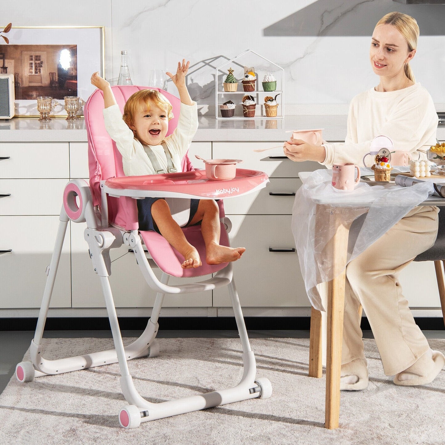 Baby High Chair Foldable Feeding Chair with 4 Lockable Wheels-Black