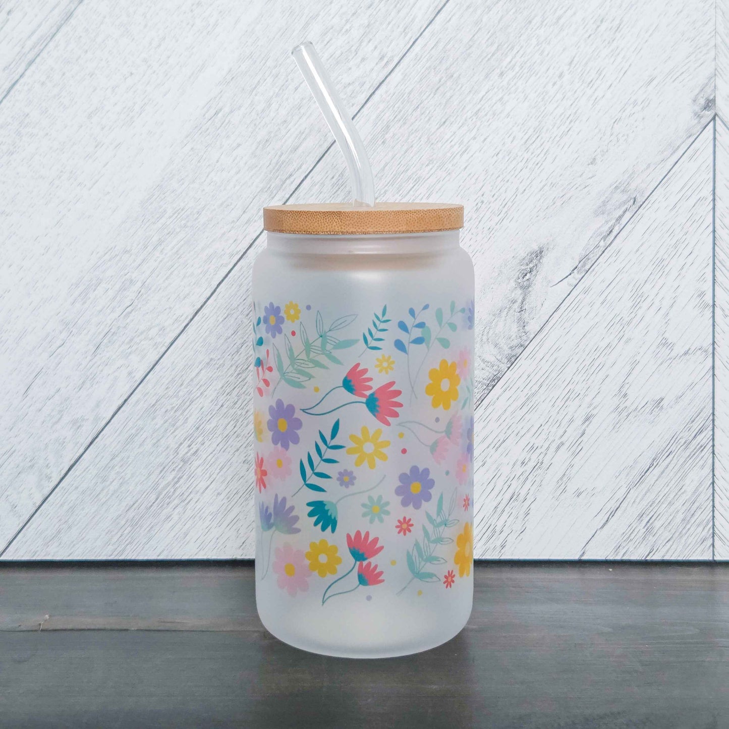 Summer Vibes Flower Frosted Can with Bamboo Lid