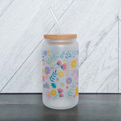 Summer Vibes Flower Frosted Can with Bamboo Lid