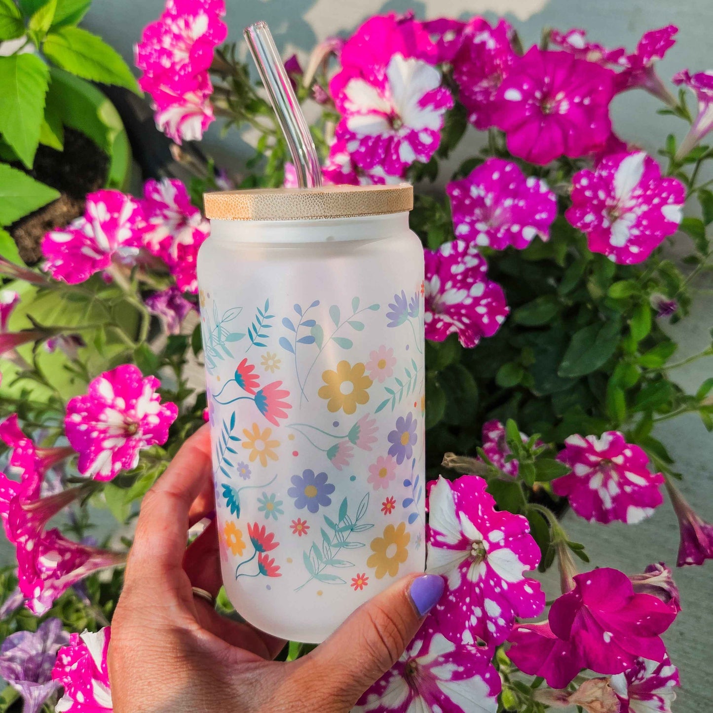 Summer Vibes Flower Frosted Can with Bamboo Lid