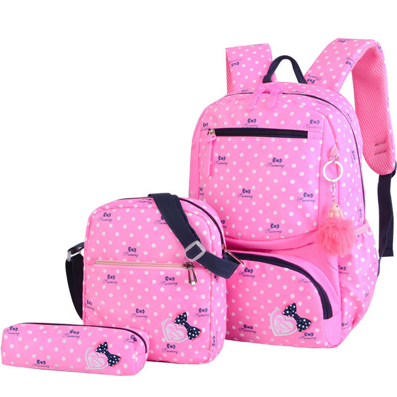 Korean Style Cute Princess Polka Dot Backpack Set for Girls – Nylon School Bag (4 Colours)