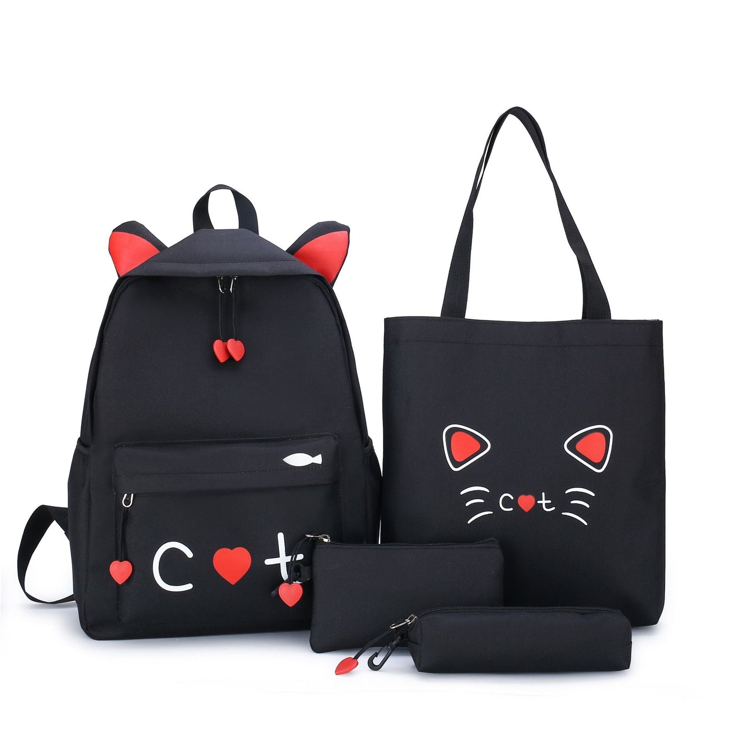 Cat Print 4-Piece Canvas School Backpack Set – Girls' Back-to-School Bag (Yellow, Grey, Black, Pink)