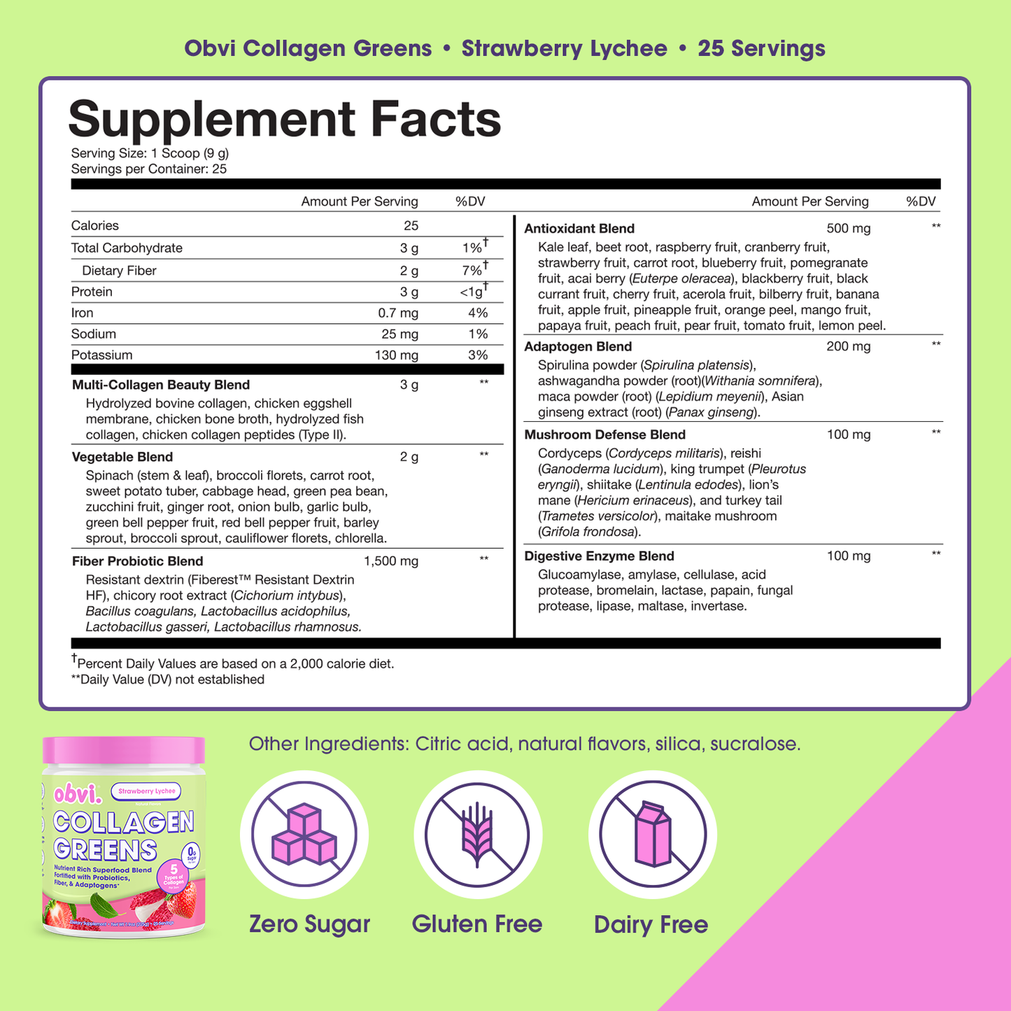 Obvi Collagen Greens Strawberry Lychee - Nutrient-Rich Superfood Drink for Healthy Skin & Hair