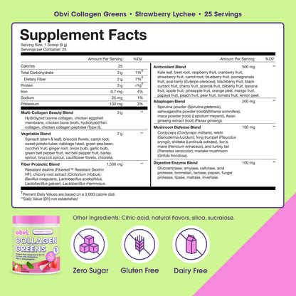 Obvi Collagen Greens Strawberry Lychee - Nutrient-Rich Superfood Drink for Healthy Skin & Hair