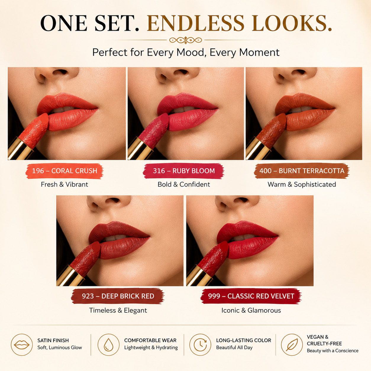 Soft Mist Satin Lipstick Set – 5 in1  Bold Shades