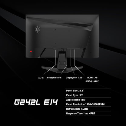 MSI G242L E14 24-inch 1920 x 1080 (FHD) Gaming Monitor, 144Hz, Adaptive-Synch, HDMI, DisplayPort, VESA Mountable, Tilt, Height Adjustable, Speaker, 1ms, Black 🍁 All In One Marketplace Canada