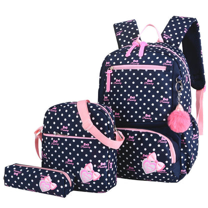 Korean Style Cute Princess Polka Dot Backpack Set for Girls – Nylon School Bag (4 Colours)