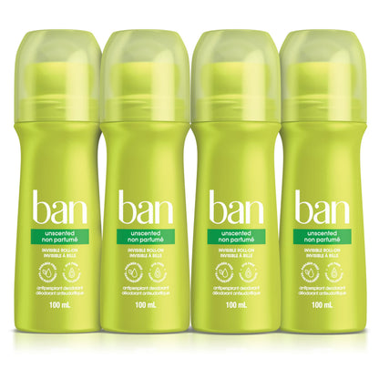 Ban Unscented Roll-on Antiperspirant Deodorant, 24-Hour Protection, Pack of 4 | Made in Canada 🍁 All In One Marketplace Canada