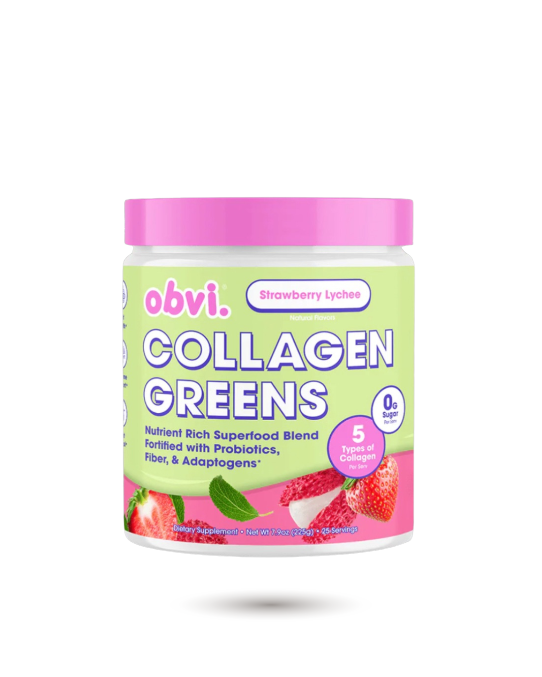 Obvi Collagen Greens Strawberry Lychee - Nutrient-Rich Superfood Drink for Healthy Skin & Hair
