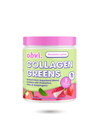 Obvi Collagen Greens Strawberry Lychee - Nutrient-Rich Superfood Drink for Healthy Skin & Hair