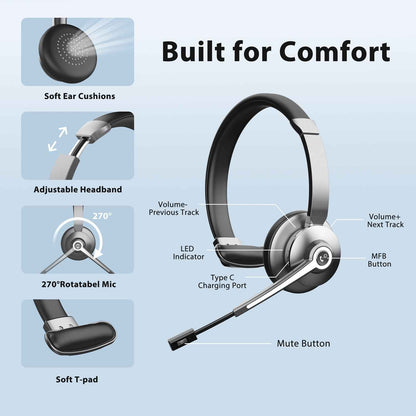 ProComm Bluetooth Headset for Microsoft Teams & Call Centers – Wireless Noise-Cancelling Microphone with USB Dongle & Charging Base