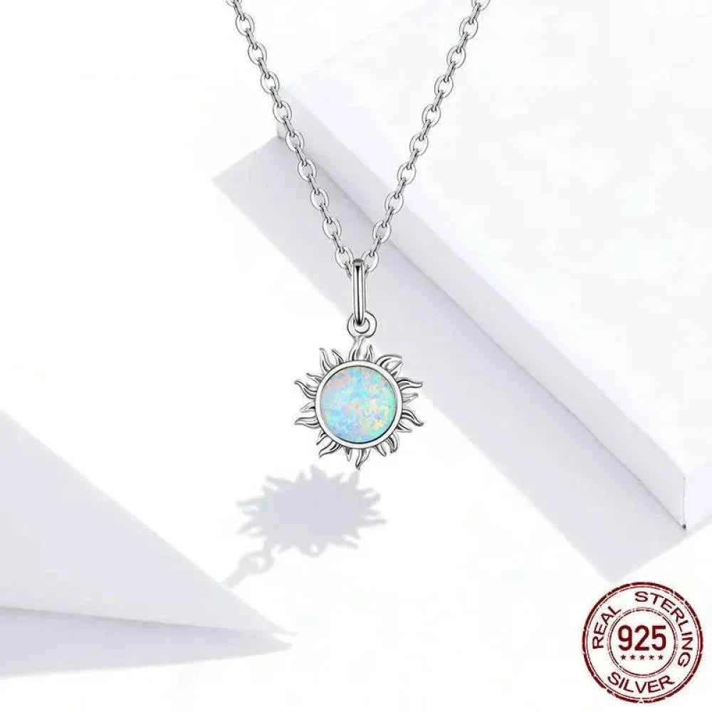 925 Sterling Silver White Opal Sun Pendant Necklace - Apollo Chain for Women