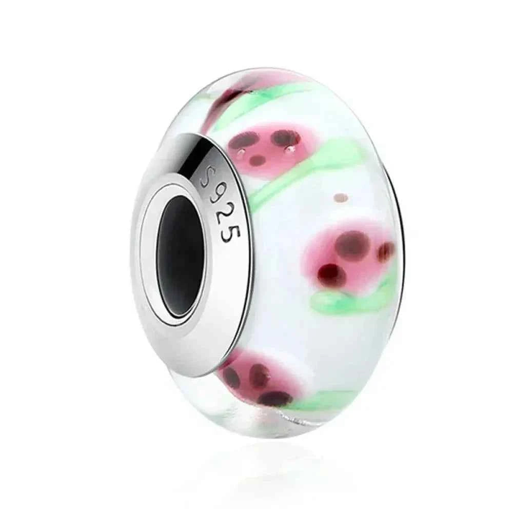 925 Sterling Silver Pink Flower Murano Glass Beads - Diy Bracelet Charms For A Festive Touch (Scz001)