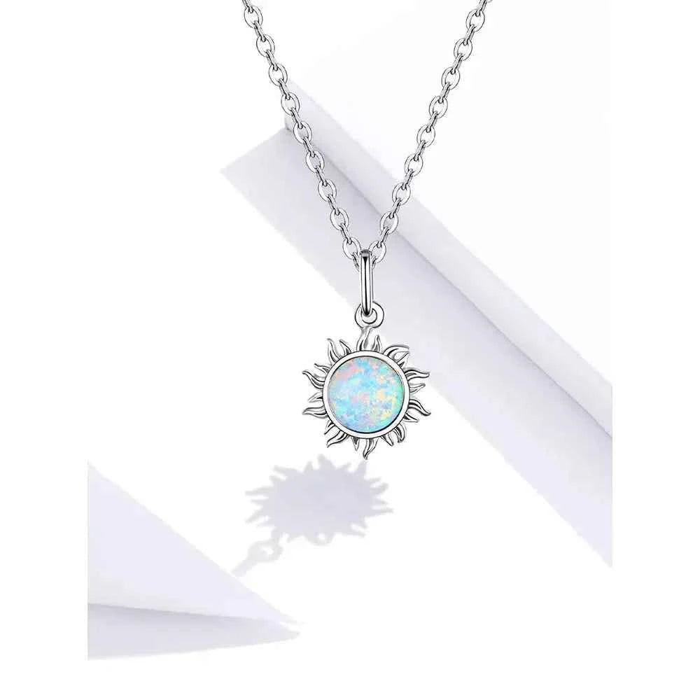 925 Sterling Silver White Opal Sun Pendant Necklace - Apollo Chain for Women