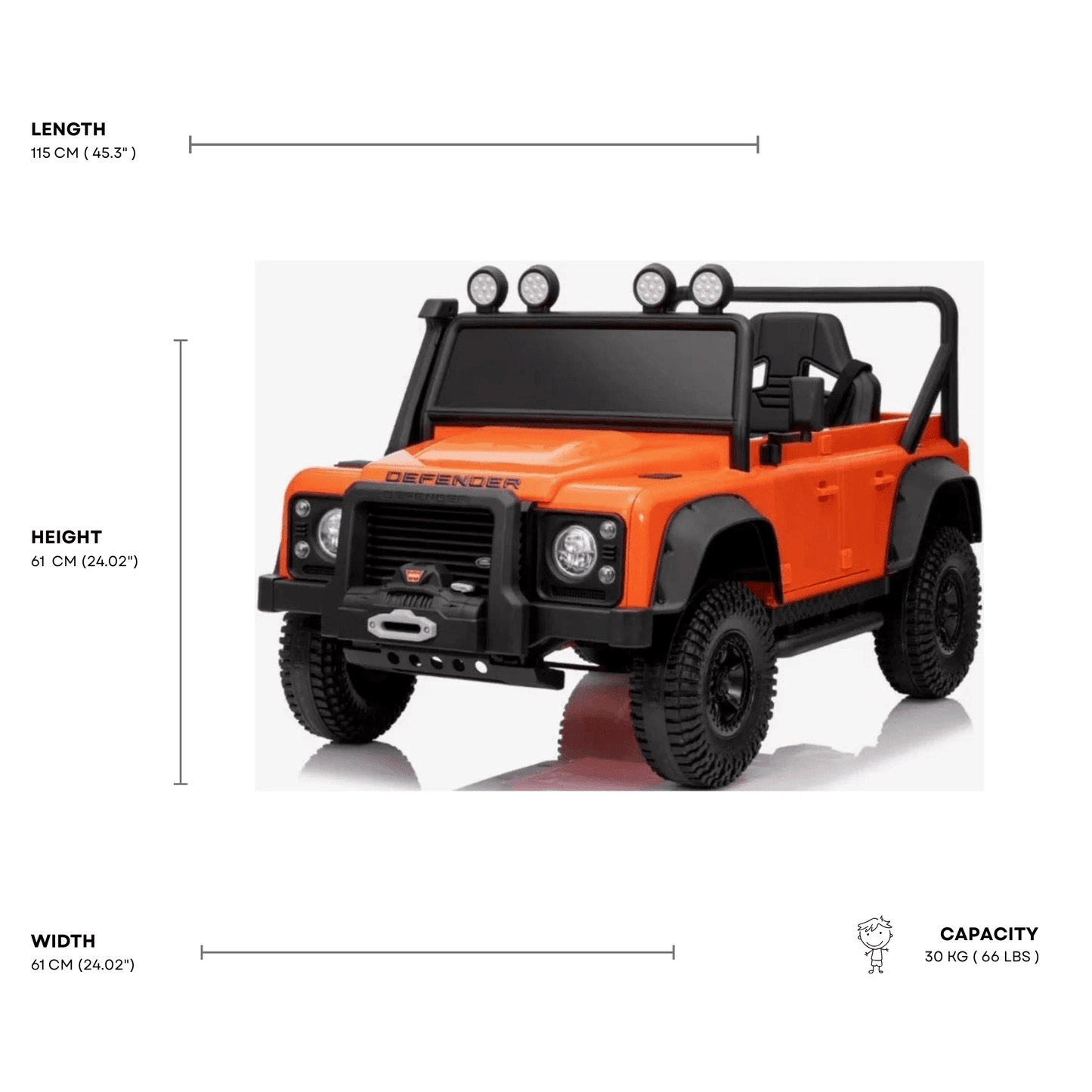 12V Orange Land Rover Defender 1-Seater AWD Ride-on Truck W/ Rubber Wheels, Music Player & RC