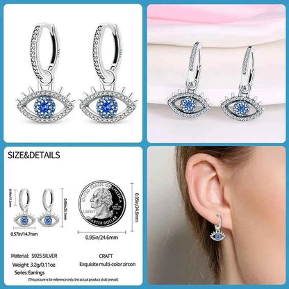 Sterling Silver Evil Eye Hoop Earrings With Blue Cubic Zirconia