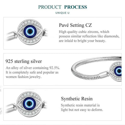 Sterling Silver Evil Eye Charm Bracelet with CZ – Snake Chain