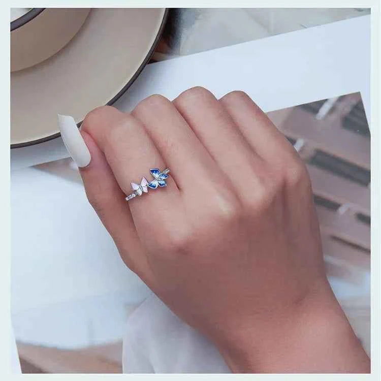 925 Sterling Silver Enamel Butterfly CZ Band Ring
