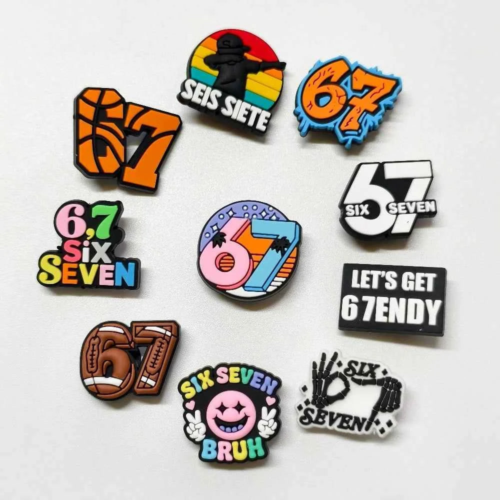 10pcs Set "67" Themed PVC Shoe Charms No. 67 Decor Soft Rubber for Sandals Slippers Bag Book Back-to-School 67 Element Classroom