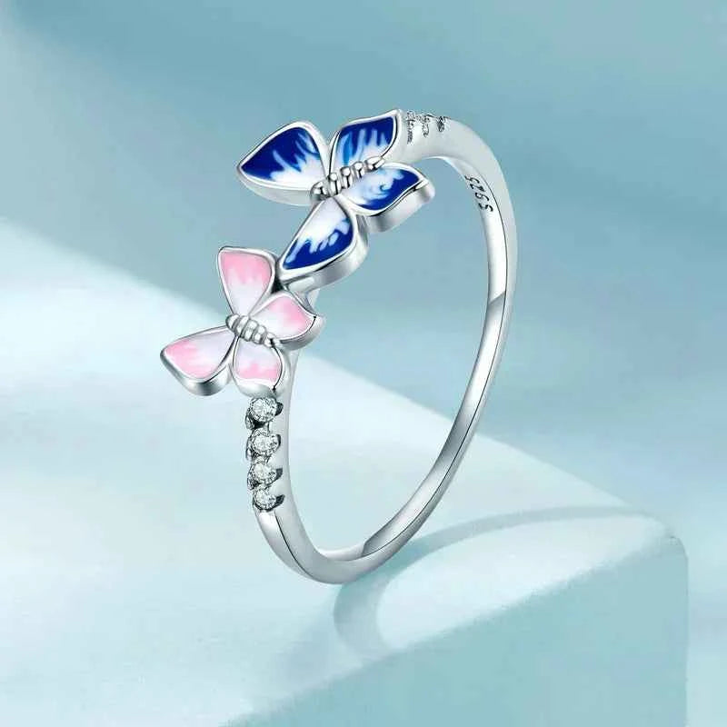 925 Sterling Silver Enamel Butterfly CZ Band Ring