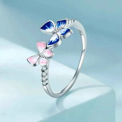 925 Sterling Silver Enamel Butterfly CZ Band Ring