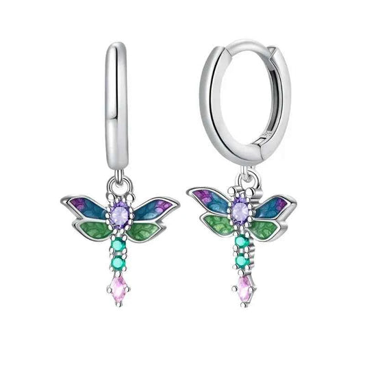 Vibrant Dragonfly Sterling Silver Hoop Earrings