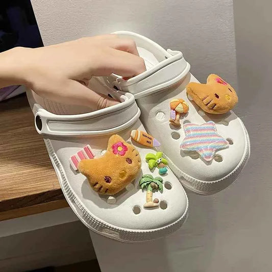 Hot Sale Hello Kitty Resin Shoe Charms Set  Cute Plush Shoe Decoration Accessories Removable Beach Vacation Style