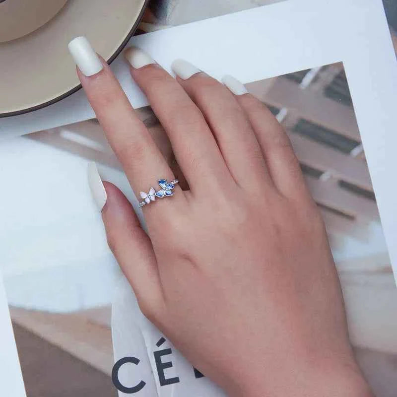 925 Sterling Silver Enamel Butterfly CZ Band Ring