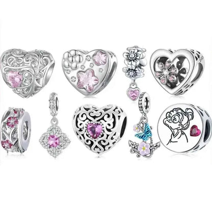 925 Sterling Silver Diy Heart Charm With Pink Zircon - Bsc777