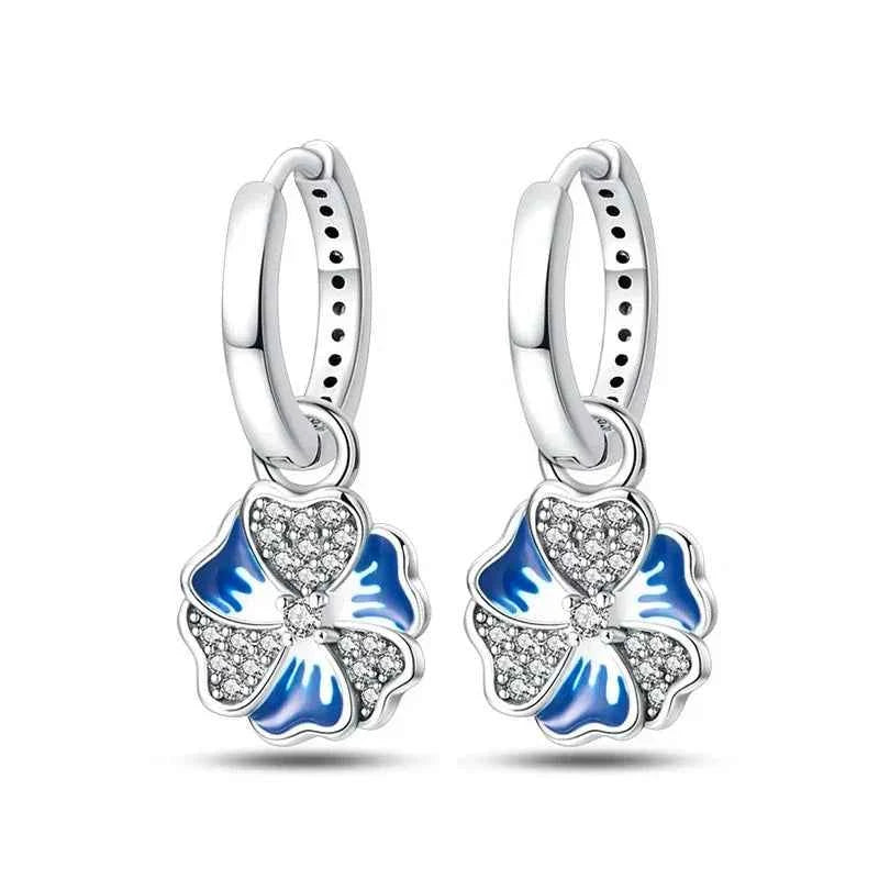 Elegant Blue Flower Charm Sterling Silver Hoop Earrings