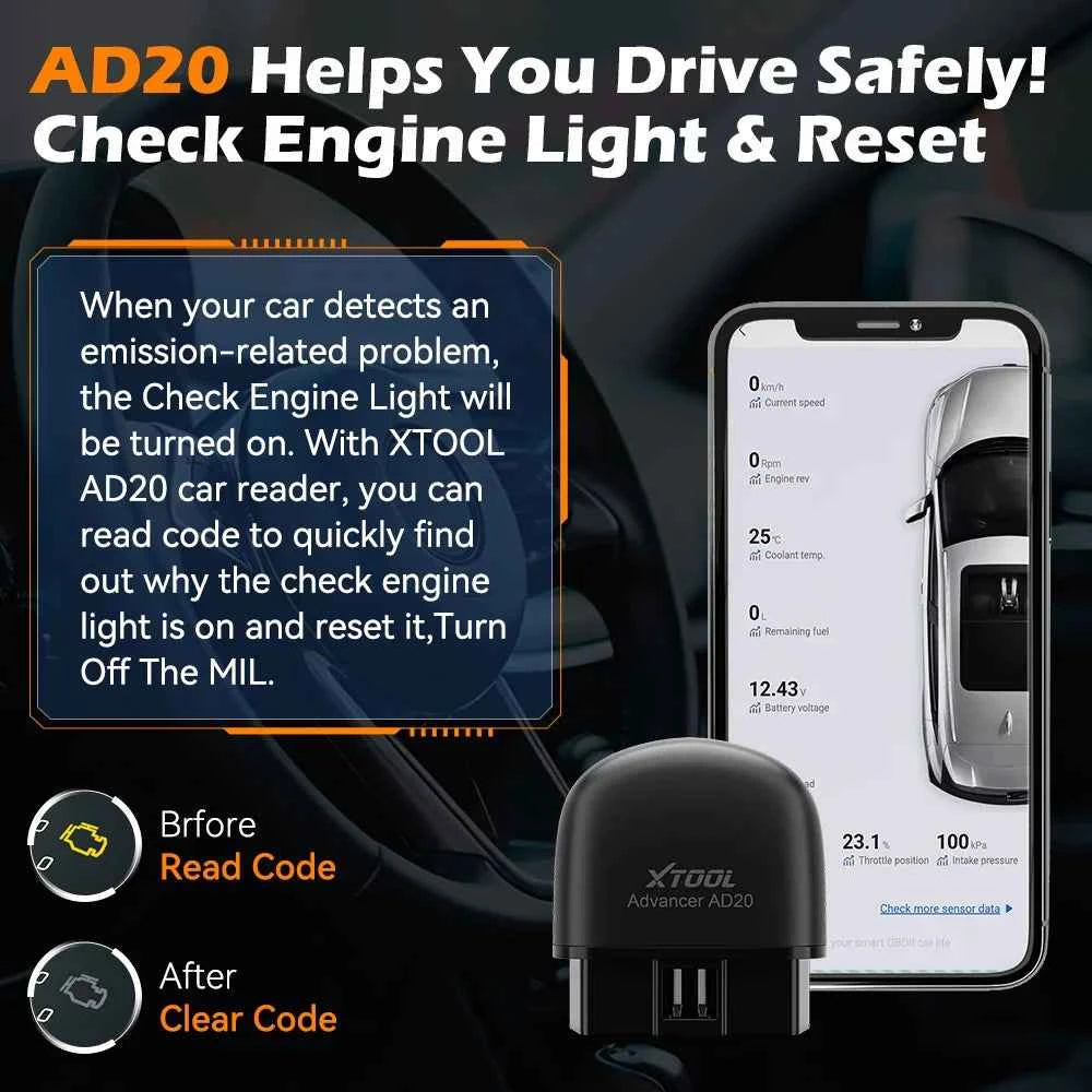 XTOOL AD20 OBD2 Scanner Mini Bluetooth 5.0 Diagnostic Tool with Full OBD2 Functions to Read and Clear Fault Codes