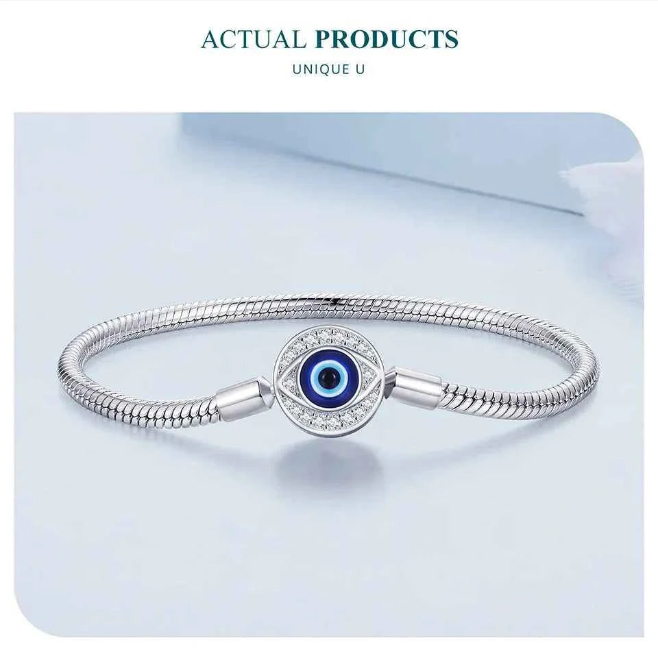 Sterling Silver Evil Eye Charm Bracelet with CZ – Snake Chain