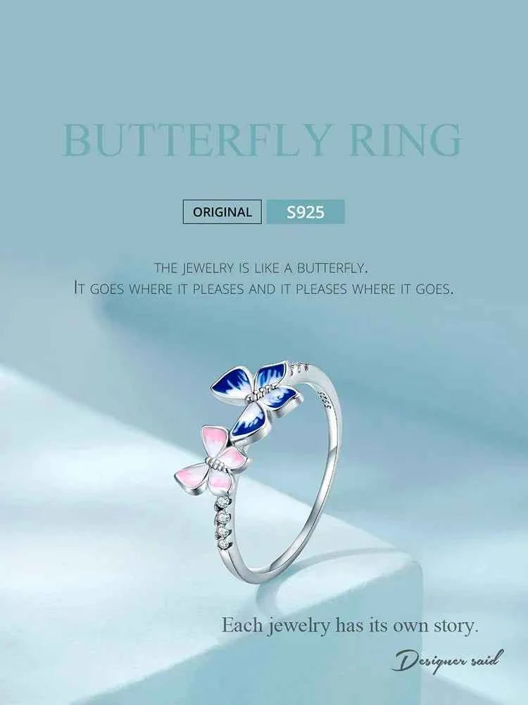 925 Sterling Silver Enamel Butterfly CZ Band Ring