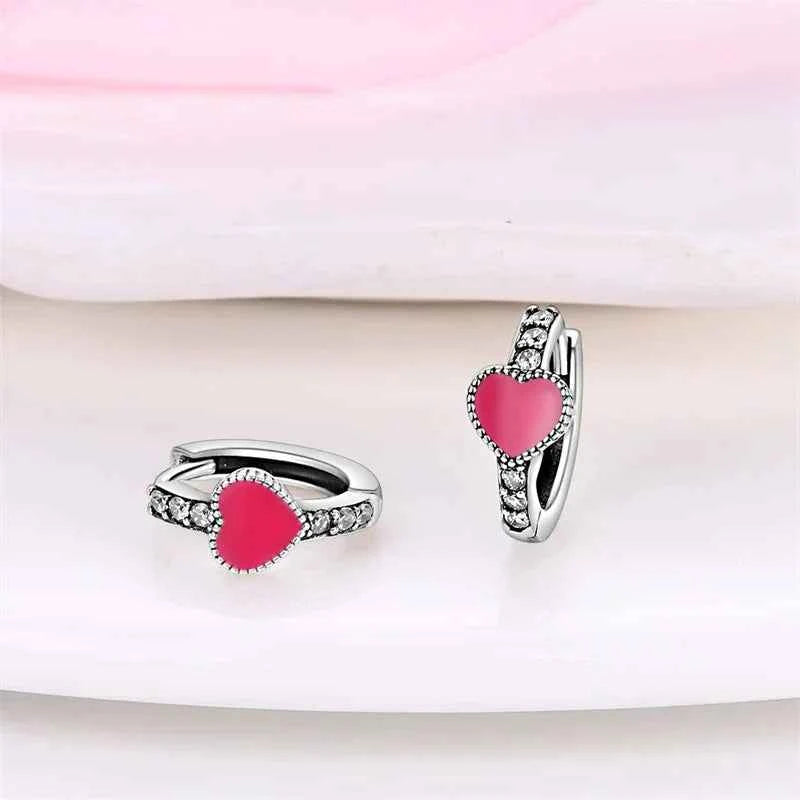 Romantic Pink Heart Sterling Silver Huggie Hoop Earrings With Cubic Zirconia