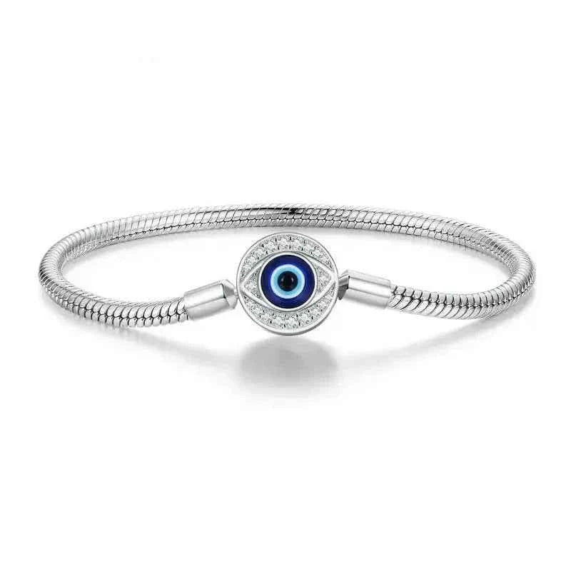 Sterling Silver Evil Eye Charm Bracelet with CZ – Snake Chain