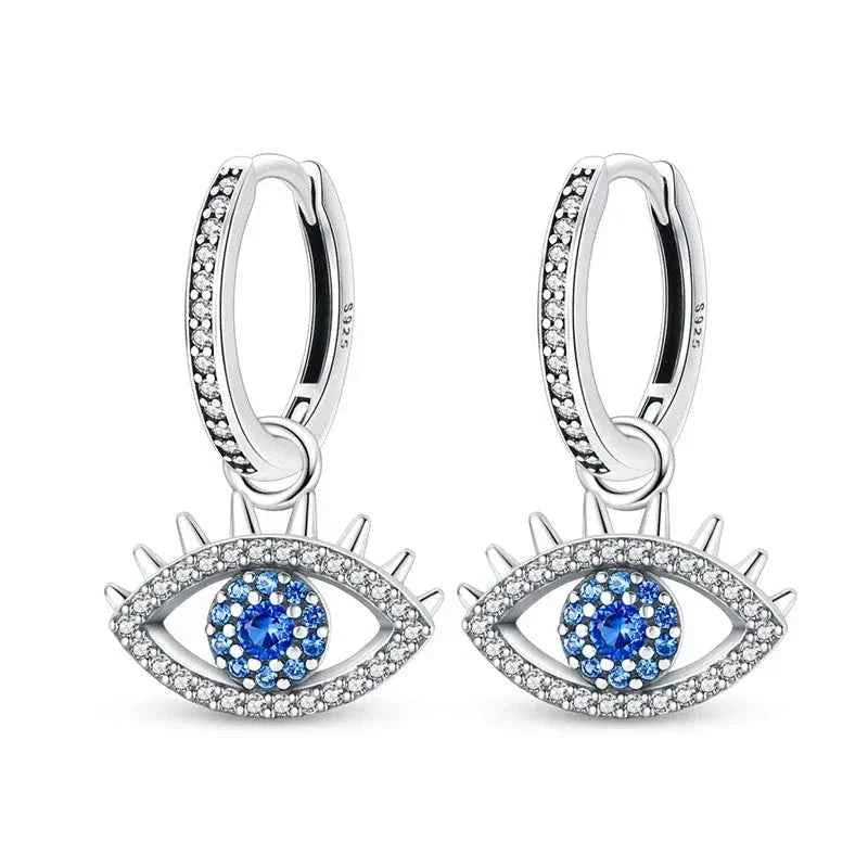 Sterling Silver Evil Eye Hoop Earrings With Blue Cubic Zirconia