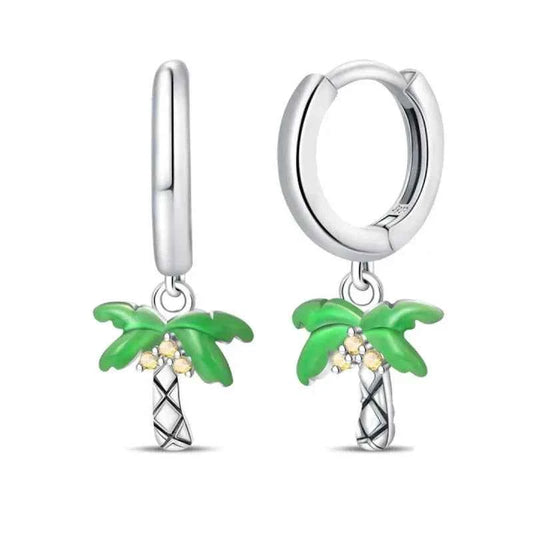 Tropical Paradise Palm Tree Sterling Silver Hoop Earrings