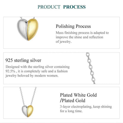 Gold Plated Heart Pendant Necklace For Women - 925 Sterling Silver Couple Heart Jewelry