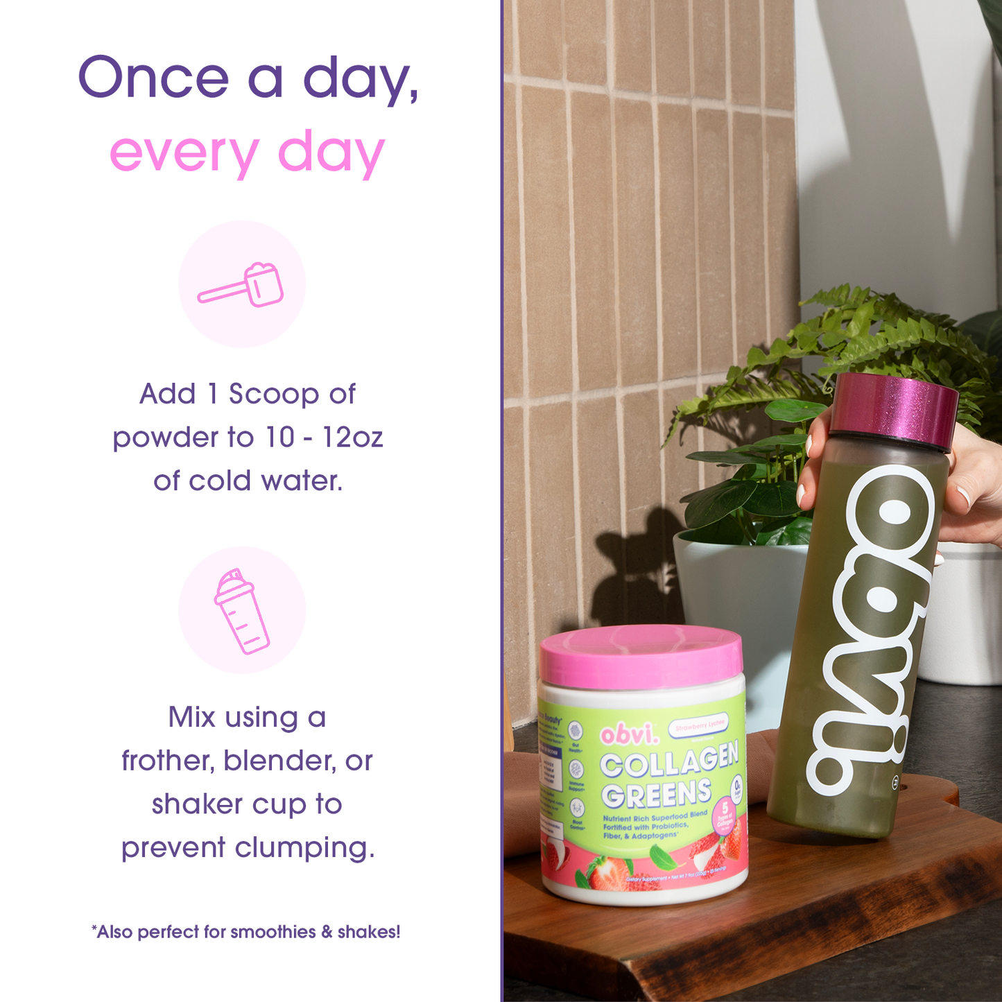 Obvi Collagen Greens Strawberry Lychee - Nutrient-Rich Superfood Drink for Healthy Skin & Hair