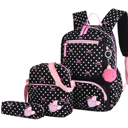 Korean Style Cute Princess Polka Dot Backpack Set for Girls – Nylon School Bag (4 Colours)
